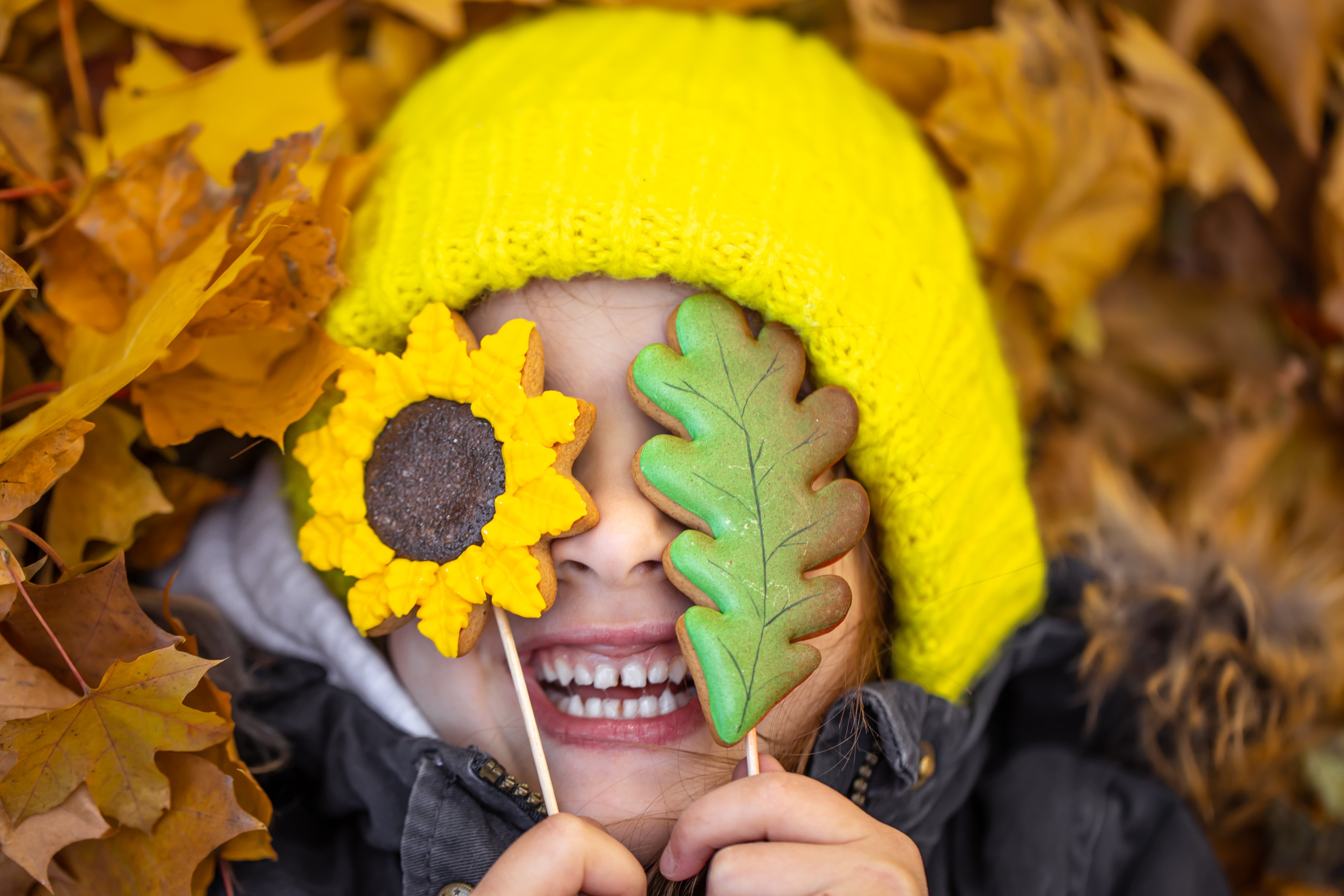 Bright autumn gingerbread in the hands of a child.